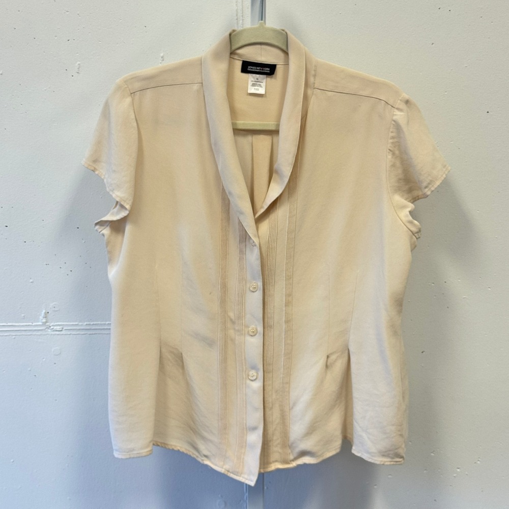 Vintage Jones New York Silk Blouse Cream Pintuck Button Front Shawl Collar Sz 16